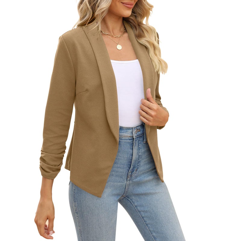 POGTMM Blaser sacos de Mujer Blazer 3/4 Sleeve Camel Colored Blazer for Women (Khaki, M) - Image 4